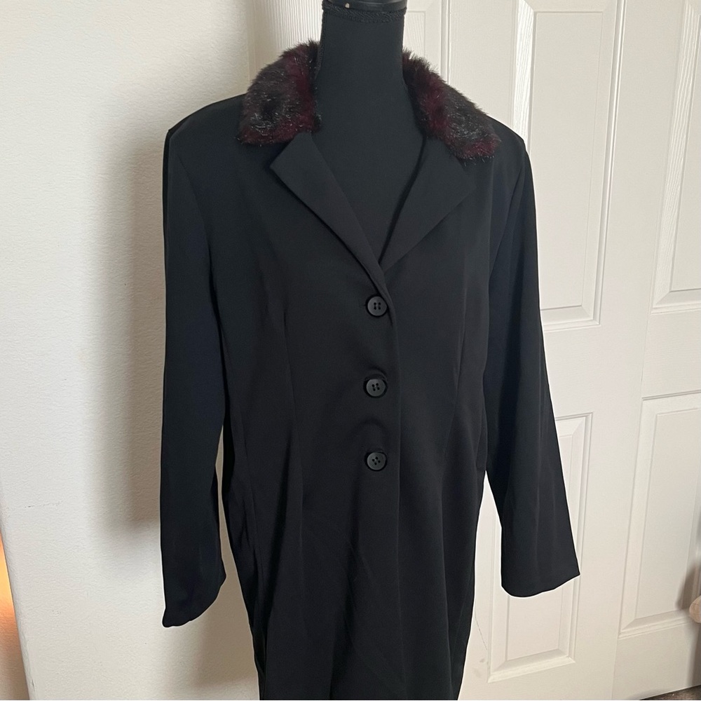 Long, black, red faux fur collar, 3 button jacket
